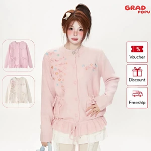Áo khoác len nữ GRDAPOPU cardigan thêu hoa hồng dệt kim dày dặn ấm áp phong cách ngọt ngào AK247