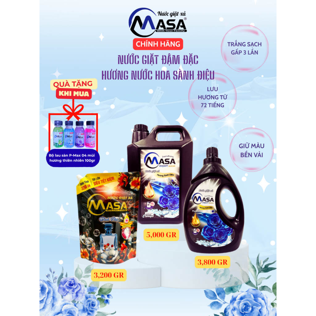 Nước Giặt Xả Đậm Đặc MASA- Hương Sành Điệu, Sạch Sâu, Khử Khuẩn, Lưu Hương, Giặt Quần Áo Em Bé