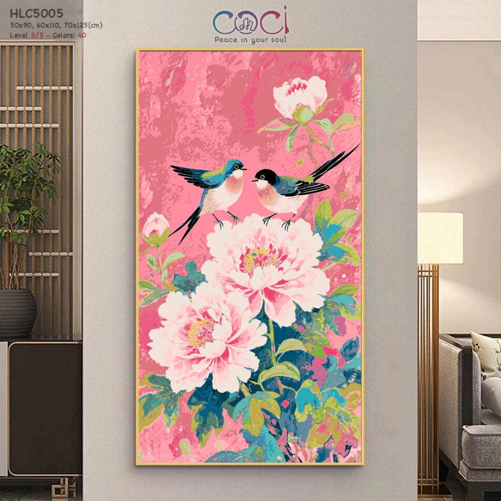 Tranh Số Hóa Tô Màu Theo Số Khổ Lớn COCI Tranh Phong Thủy Đôi Chim Hoa Mẫu Đơn Phú Quý HLC5005