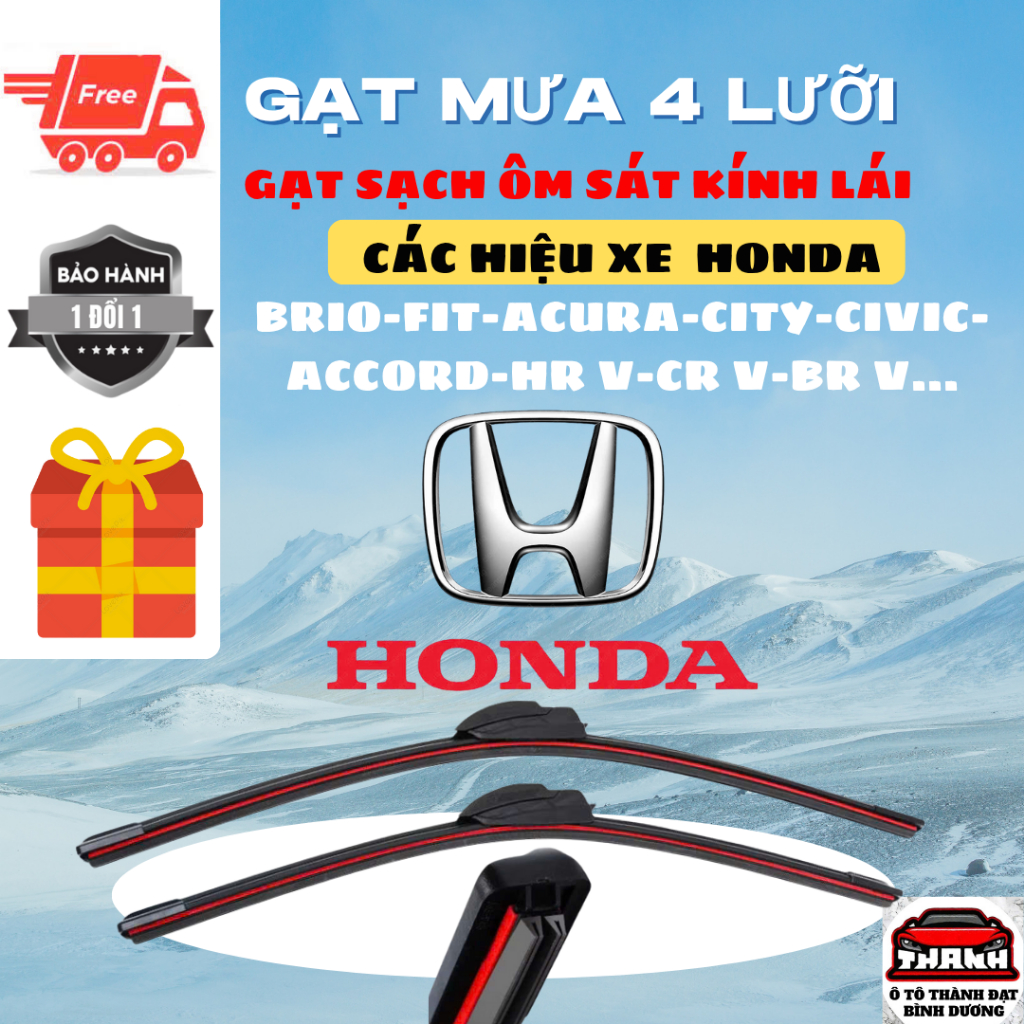 Gạt Mưa Ô Tô Các Dòng Xe HONDA : FIT, BRV, HRV, CRV, CIVIC, CITY Silicon 4 Lưỡi Loại Tốt Gạt Êm. 4L