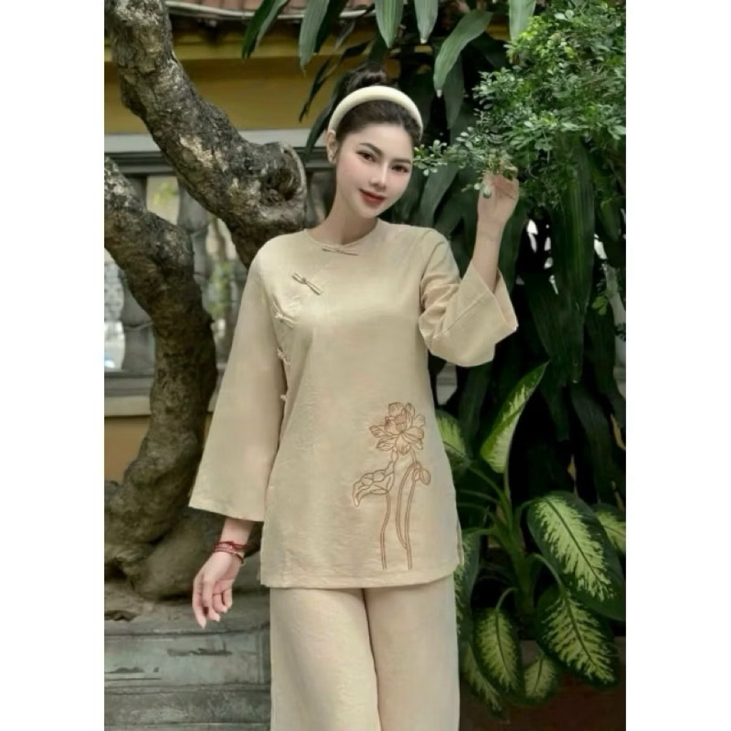 Bộ đồ tiểu thư năm nút thêu Sen lien | Đồ Lam An Nhiên