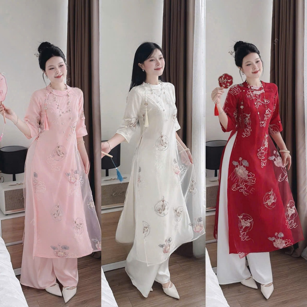 NH CLOTHER - Áo dài gam hồng – trắng – đỏ mang vẻ đẹp cổ điển pha hiện đại