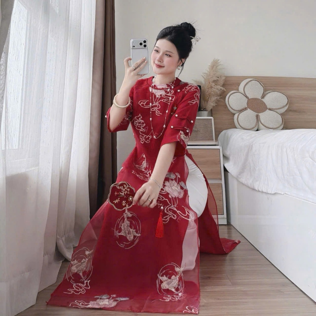 NH CLOTHER - Áo dài gam hồng – trắng – đỏ mang vẻ đẹp cổ điển pha hiện đại