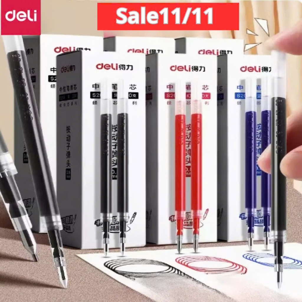 Ruột Bút Gel Deli 0.5mm / 0.35mm / 0.38mm – Thay thế cho bút bấm S206, A623, A575 – Mực ra trơn tru, đều nét, nhanh khô
