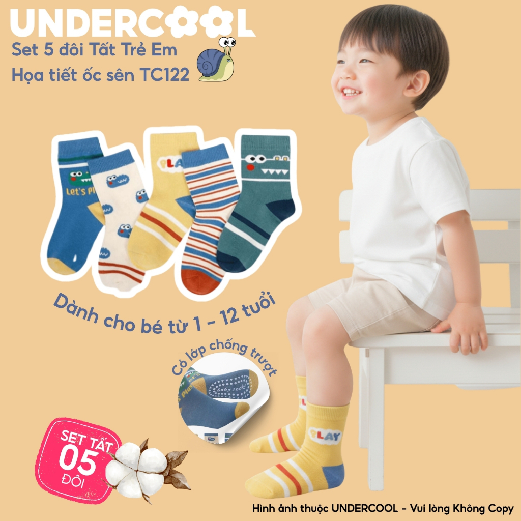 Set 5 Đôi Vớ Trẻ Em Sắc Mầu UNDERCOOL Chống Trượt Họa Tiết Ốc Sên Dễ Thương Cho Bé Trai Bé Gái  TC122