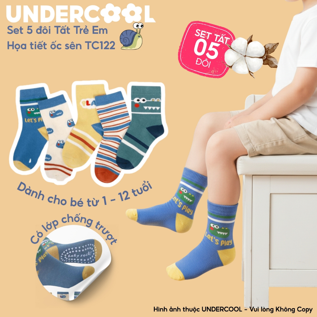 Set 5 Đôi Vớ Trẻ Em Sắc Mầu UNDERCOOL Chống Trượt Họa Tiết Ốc Sên Dễ Thương Cho Bé Trai Bé Gái  TC122