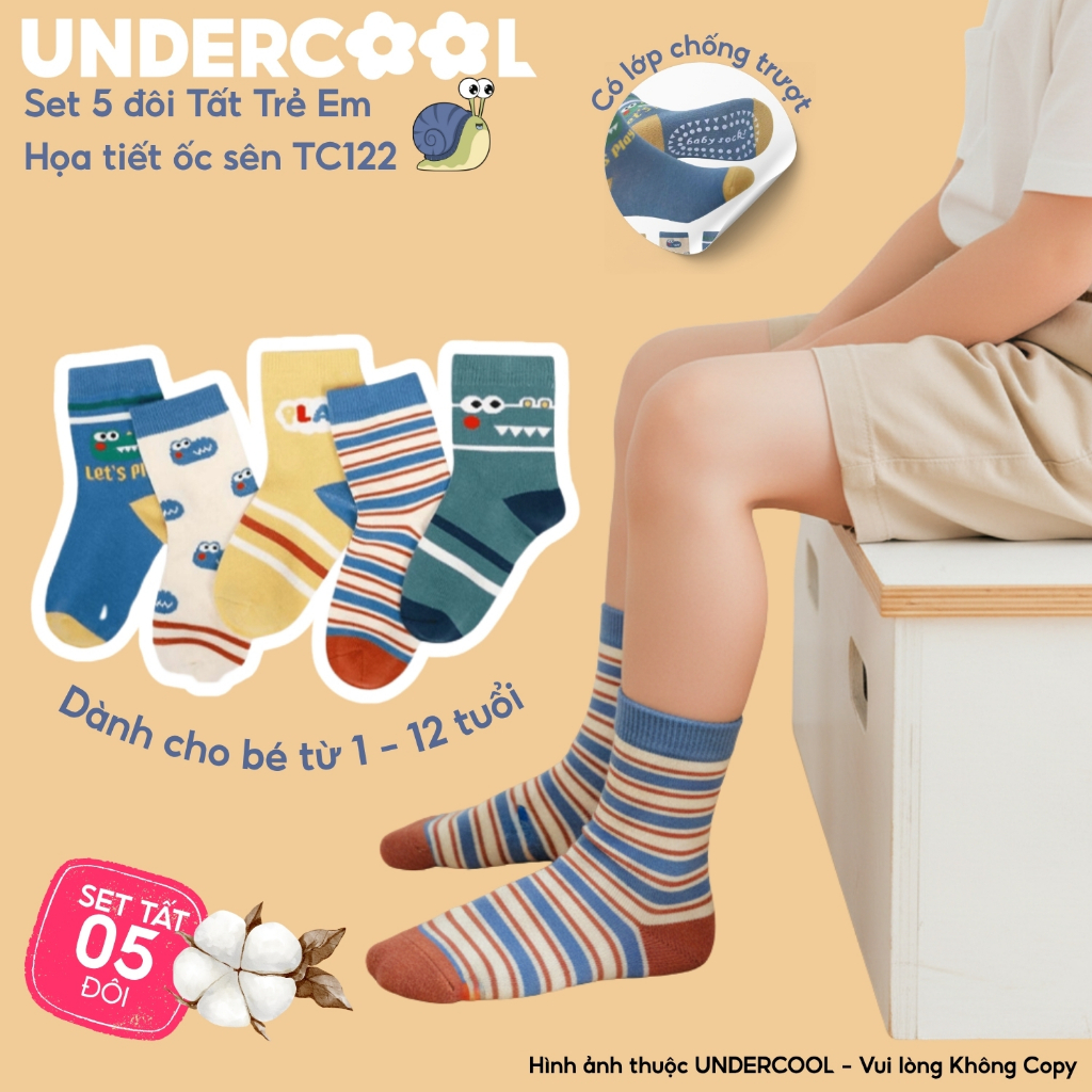 Set 5 Đôi Vớ Trẻ Em Sắc Mầu UNDERCOOL Chống Trượt Họa Tiết Ốc Sên Dễ Thương Cho Bé Trai Bé Gái  TC122