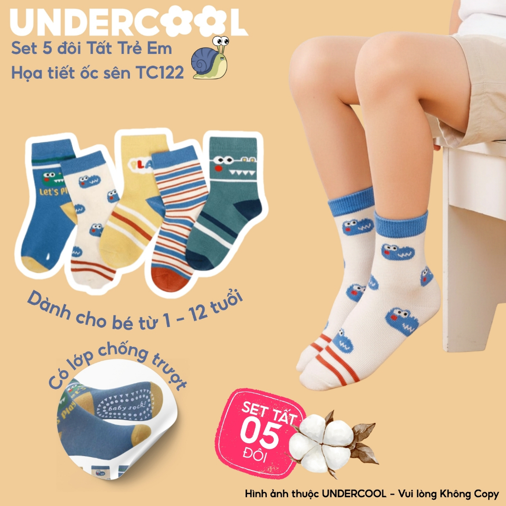 Set 5 Đôi Vớ Trẻ Em Sắc Mầu UNDERCOOL Chống Trượt Họa Tiết Ốc Sên Dễ Thương Cho Bé Trai Bé Gái  TC122