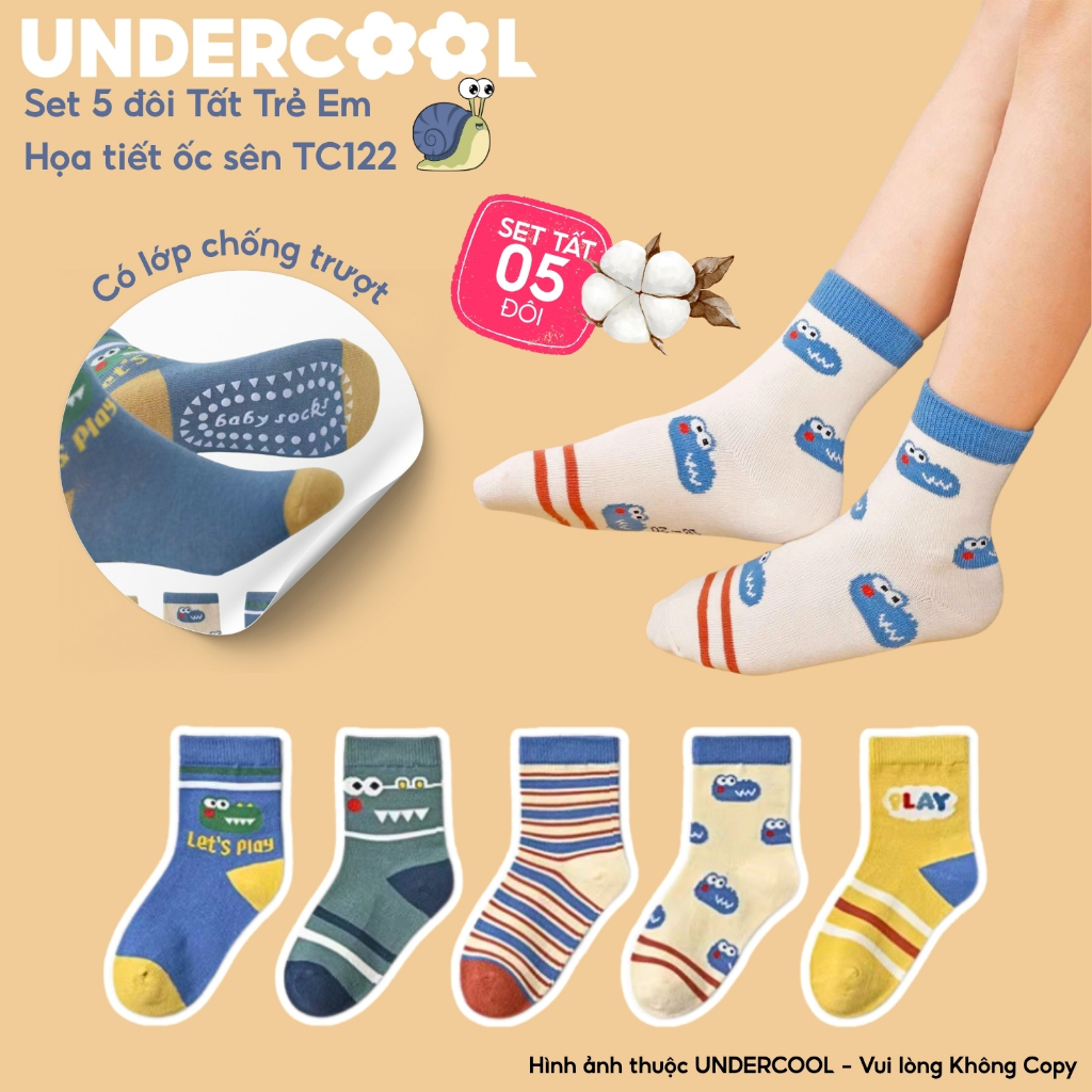 Set 5 Đôi Vớ Trẻ Em Sắc Mầu UNDERCOOL Chống Trượt Họa Tiết Ốc Sên Dễ Thương Cho Bé Trai Bé Gái  TC122