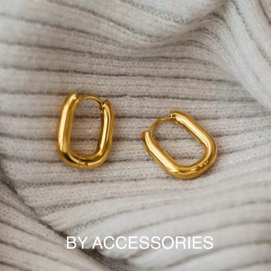 Bông tai nữ titan dáng bầu dục nhỏ trơn basic mạ vàng 18K không gỉ WE2526 BY ACCESSORIES