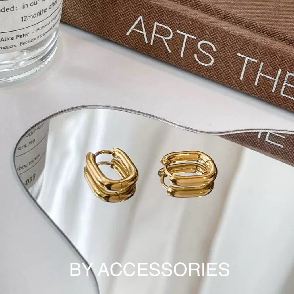 Bông tai nữ titan dáng bầu dục nhỏ trơn basic mạ vàng 18K không gỉ WE2526 BY ACCESSORIES