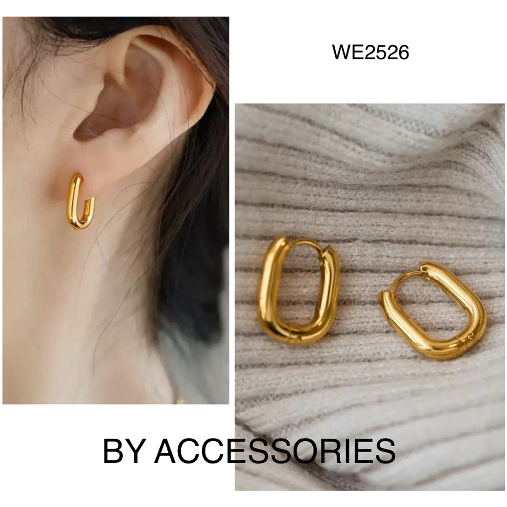 Bông tai nữ titan dáng bầu dục nhỏ trơn basic mạ vàng 18K không gỉ WE2526 BY ACCESSORIES