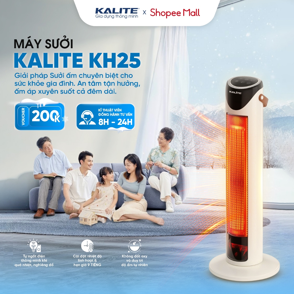 Máy sưởi Kalite KH25 2000W | Máy sưởi gốm PTC tiết kiệm điện thông minh tỏa nhiệt 120° làm ấm nhanh