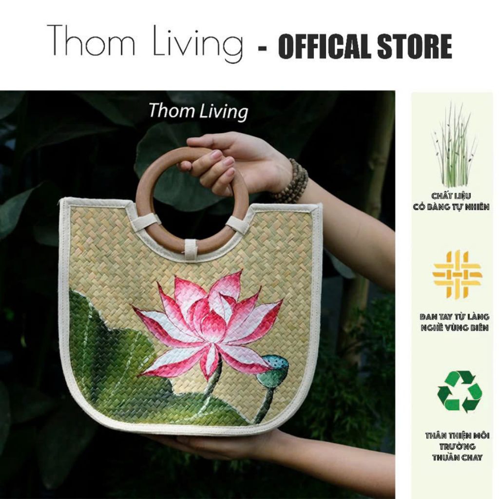 Giỏ cỏ bàng dáng bầu quai gỗ cầm tay sang trọng truyền thống vẽ sen