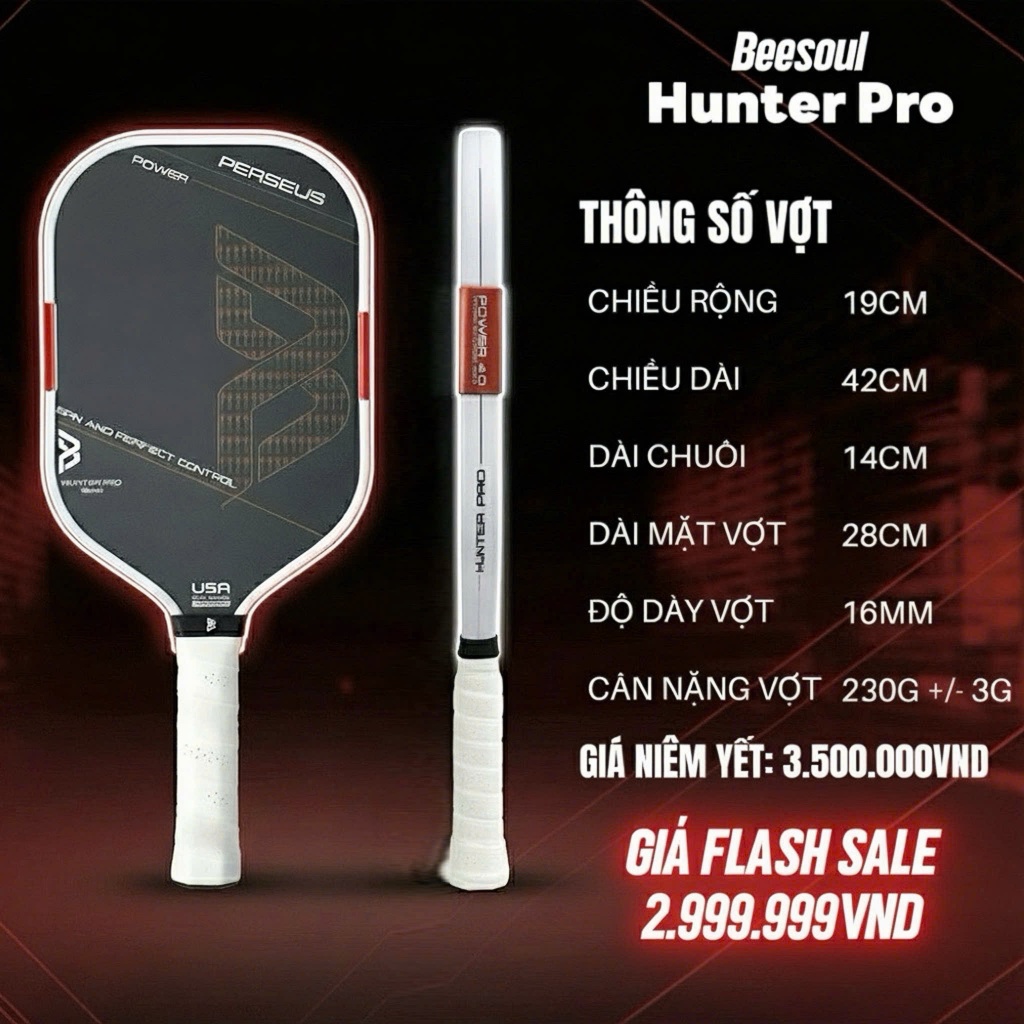 Vợt Pickleball Beesoul Hunter Pro 16mm Power4.0 Siêu Công và Kiểm Soát hoàn hảo tặng kèm quà Tặng