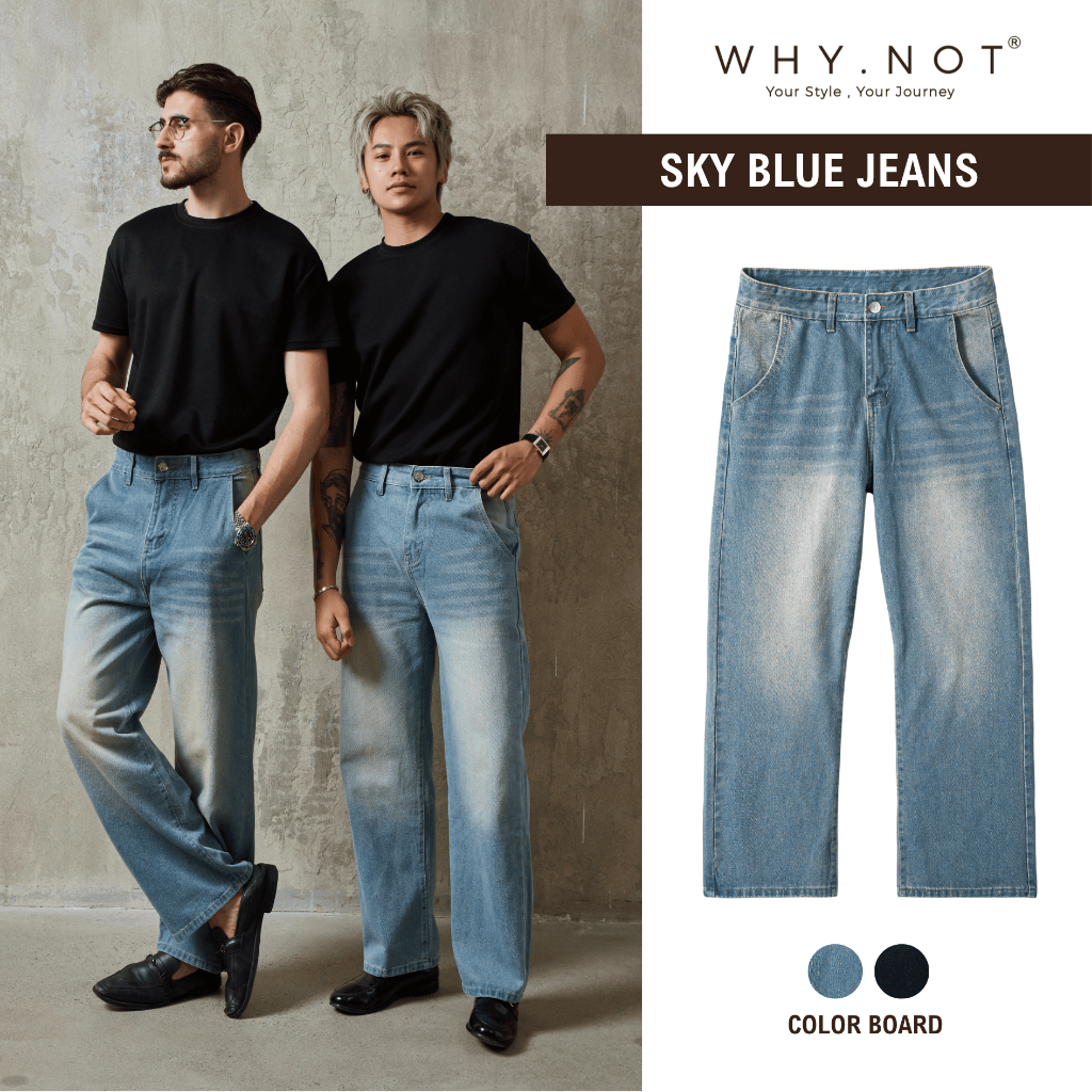 [WHY.NOT] Quần Jean Nam Ống Suông 2 Màu Xanh Nhặt, Xanh Đậm