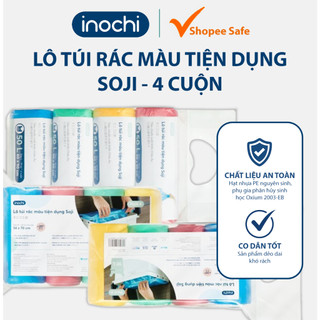 Túi rác màu Soji 4 cuộn Inochi siêu dẻo dai, co giãn, khó rách, an toàn, thân thiện môi trường, tăng 20% thể tích túi