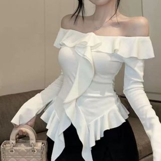 Áo kiểu nữ trễ vai chất thun tăm co giãn thoải mái tay dài phối bèo cổ duyên dáng VANISA CMM05