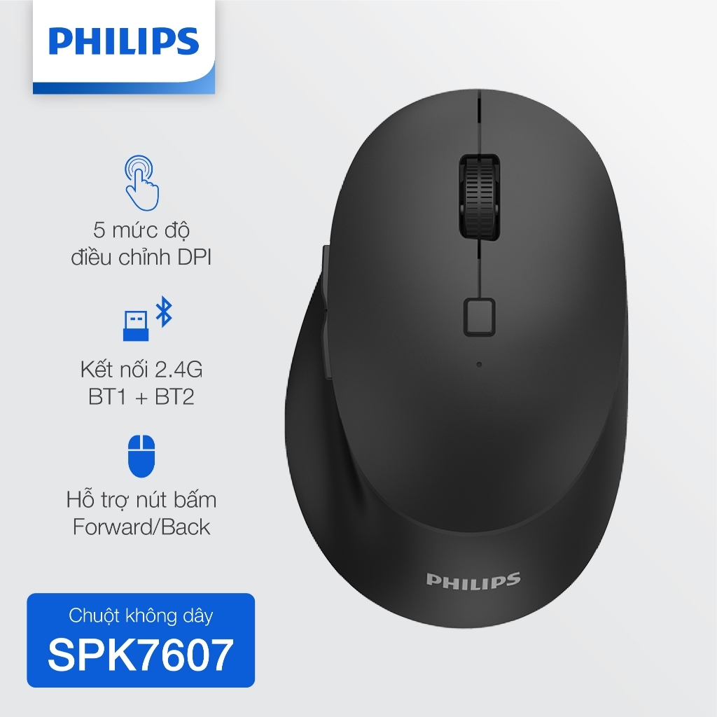 Chuột không dây Philips SPK7607 Chính Hãng – Kết nối 2.4GHz ổn định, pin lâu, dùng cho laptop, PC
