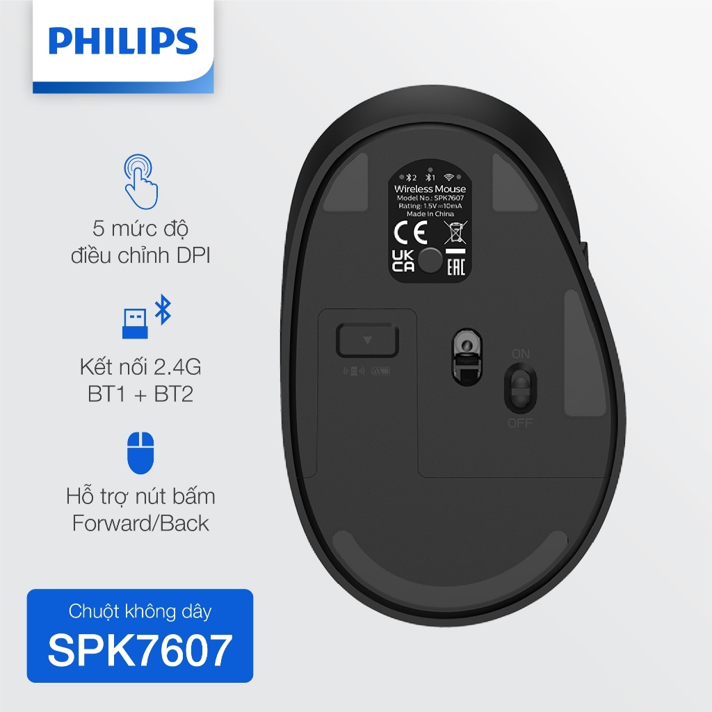 Chuột không dây Philips SPK7607 Chính Hãng – Kết nối 2.4GHz ổn định, pin lâu, dùng cho laptop, PC
