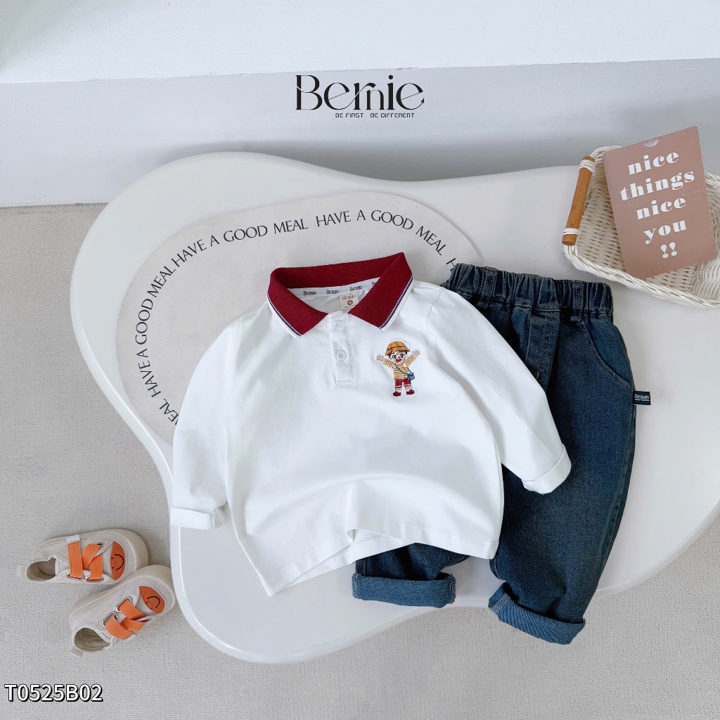 Bộ cotton dài tay áo phông cổ đức phối quần bò đẹp cho bé, bộ cotton dài tay đi học đi chơi