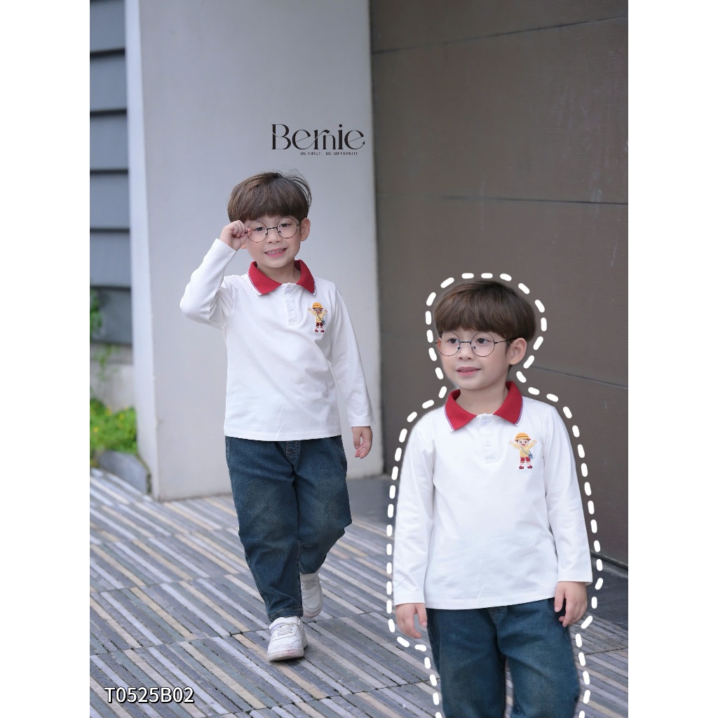 Bộ cotton dài tay áo phông cổ đức phối quần bò đẹp cho bé, bộ cotton dài tay đi học đi chơi