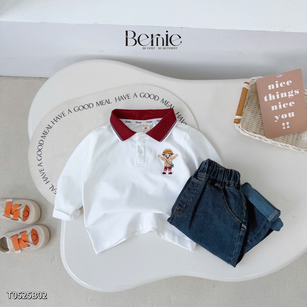 Bộ cotton dài tay áo phông cổ đức phối quần bò đẹp cho bé, bộ cotton dài tay đi học đi chơi