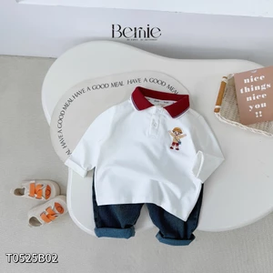 Bộ cotton dài tay áo phông cổ đức phối quần bò đẹp cho bé, bộ cotton dài tay đi học đi chơi