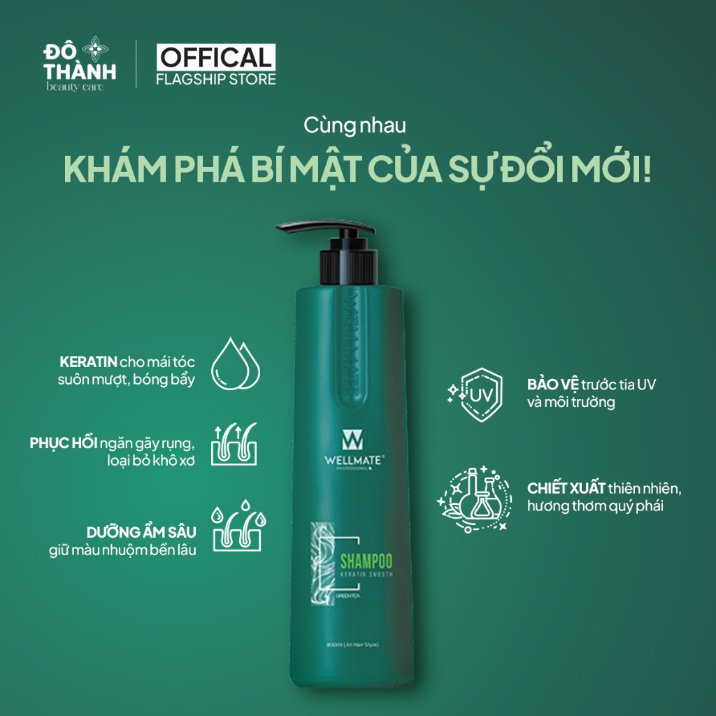 Dầu gội đầu trà xanh phục hồi hư tổn Wellmate Keratin làm sạch sâu nuôi dưỡng tóc bóng mượt 500ml