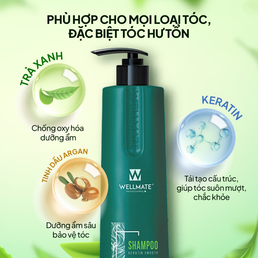 Dầu gội đầu trà xanh phục hồi hư tổn Wellmate Keratin làm sạch sâu nuôi dưỡng tóc bóng mượt 500ml