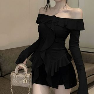 Áo kiểu nữ trễ vai chất thun tăm co giãn thoải mái tay dài phối bèo cổ duyên dáng VANISA CMM05