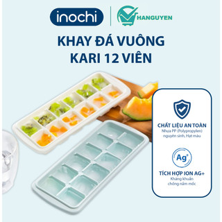 Khay làm đá vuông Inochi Kari 12 viên – nhựa nguyên sinh cao cấp, ion Ag+ kháng khuẩn, có nắp đậy tiện lợi