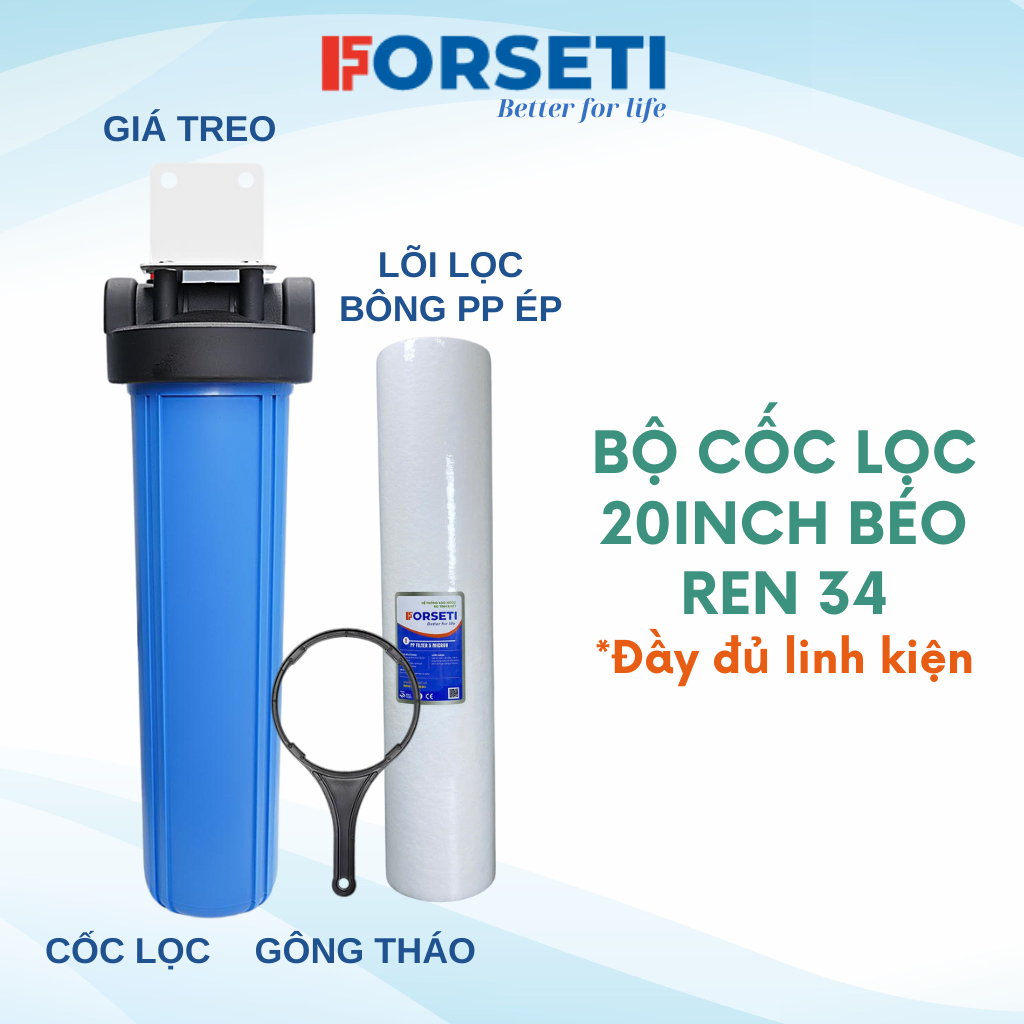 Bộ cốc lọc đầu nguồn béo màu xanh FORSETI 20inch ren 34 full phụ kiện gồm lõi béo, giá treo và gông tháo