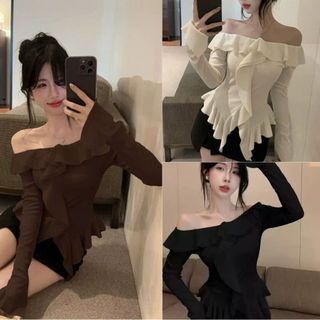 Áo kiểu nữ trễ vai chất thun tăm co giãn thoải mái tay dài phối bèo cổ duyên dáng VANISA CMM05