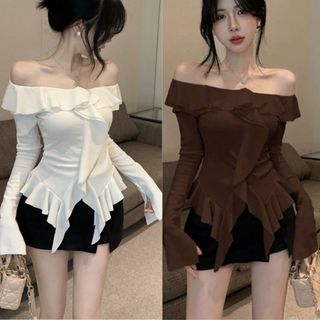 Áo kiểu trễ vai thun tăm dáng ôm bo eo xòe nhẹ phối bèo cổ tay dài nữ tính hiện đại VANISA CMM05