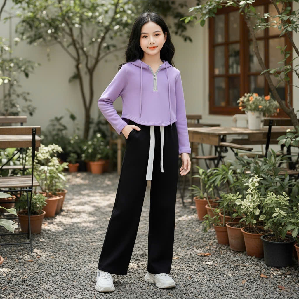 Áo mũ cổ khóa croptop cho bé gái size đại BEESHOP D25081
