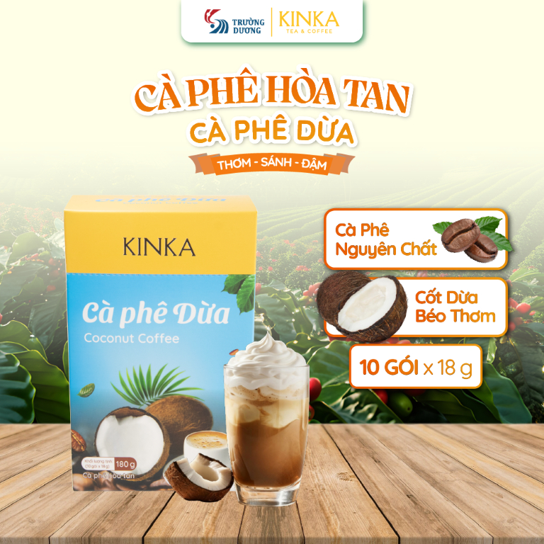 KINKA Cà phê dừa hoà tan, vị dừa, thơm béo - 180g (10 gói x 18g), Cà phê hòa tan