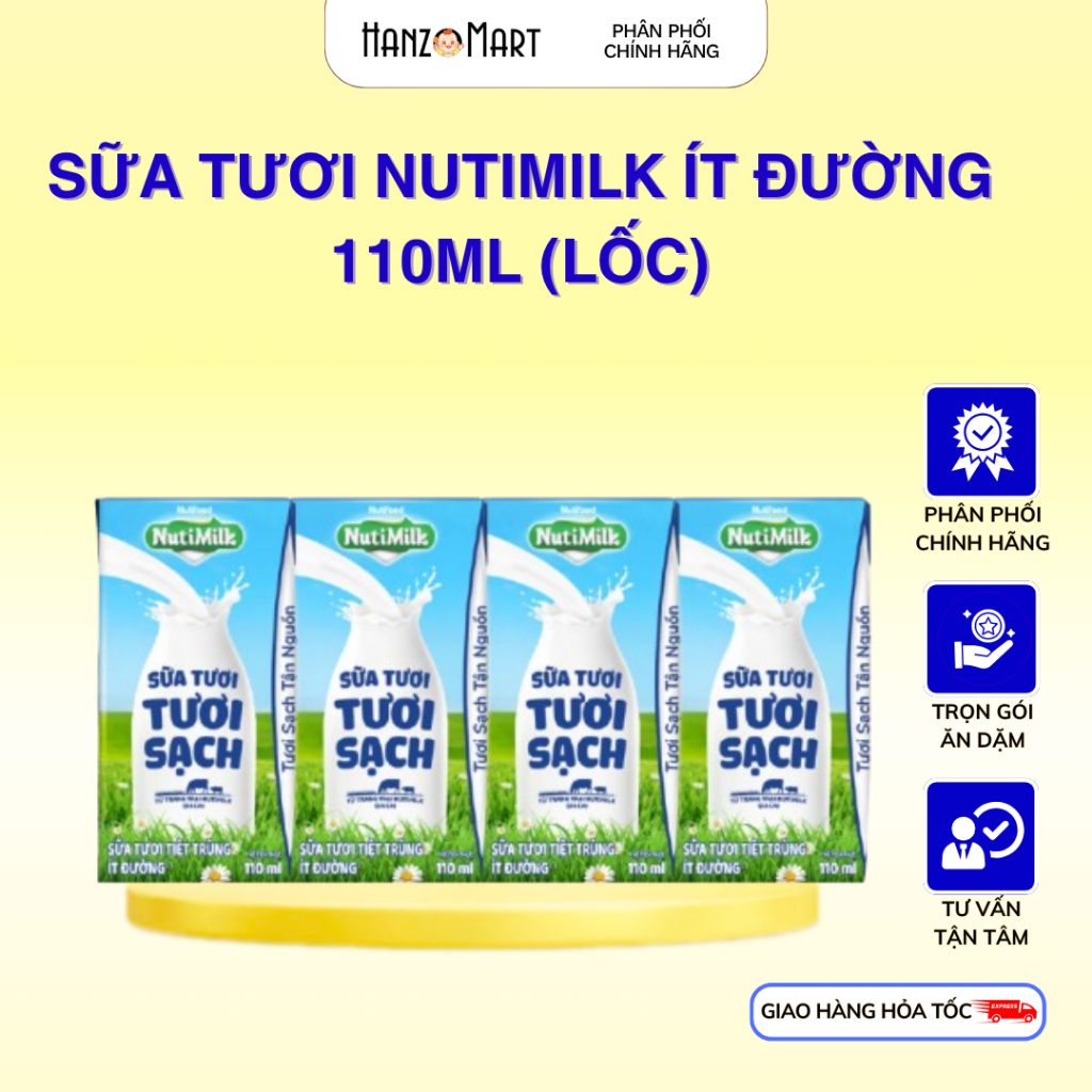 Sữa tươi sạch tiệt trùng Nutimilk, ít đường, 110ml (lốc 4 hộp)