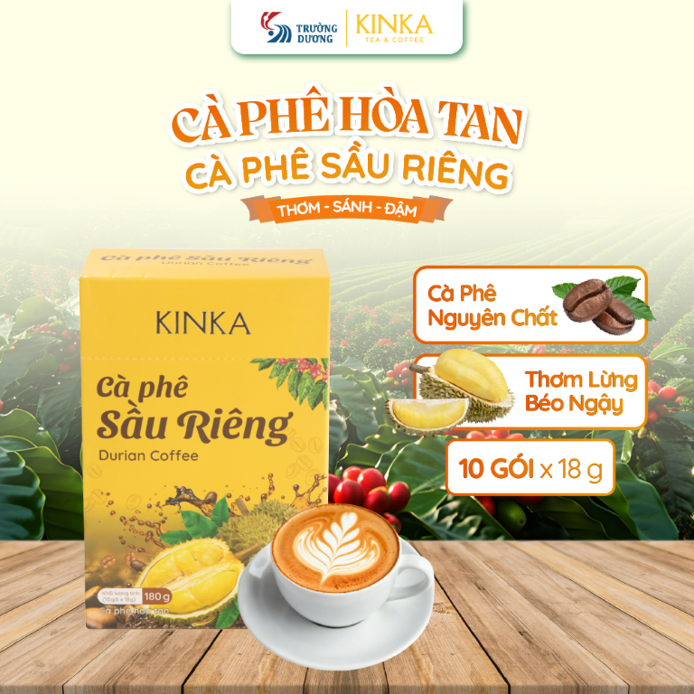 KINKA Cà phê sầu riêng - béo ngậy, cà phê hoà tan sánh mịn, tỉnh thức 180gr (10 gói x 18gr)