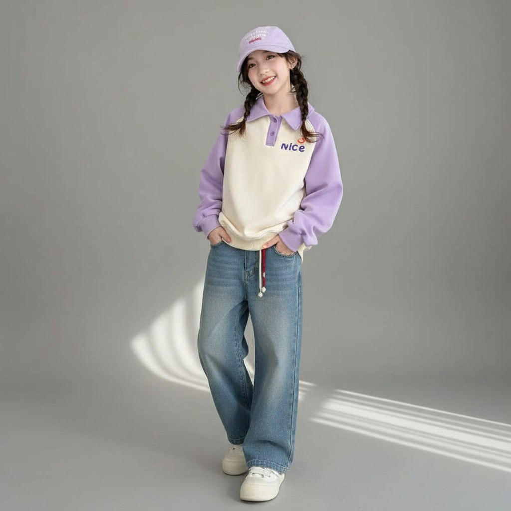 Áo cổ polo phối tay chữ Nice cho bé gái size đại BEESHOP D25082