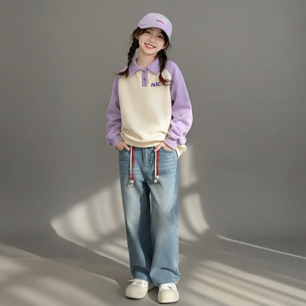 Áo cổ polo phối tay chữ Nice cho bé gái size đại BEESHOP D25082