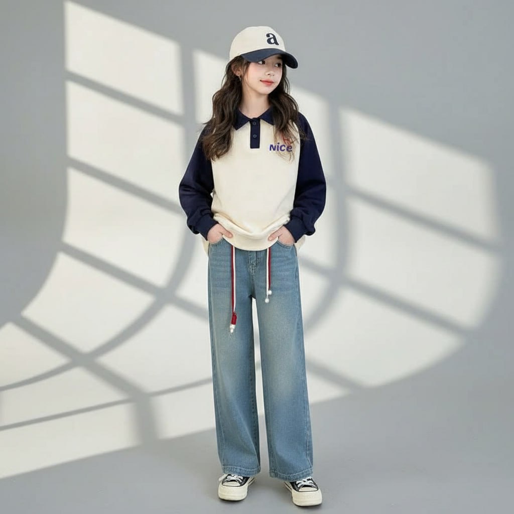 Áo cổ polo phối tay chữ Nice cho bé gái size đại BEESHOP D25082