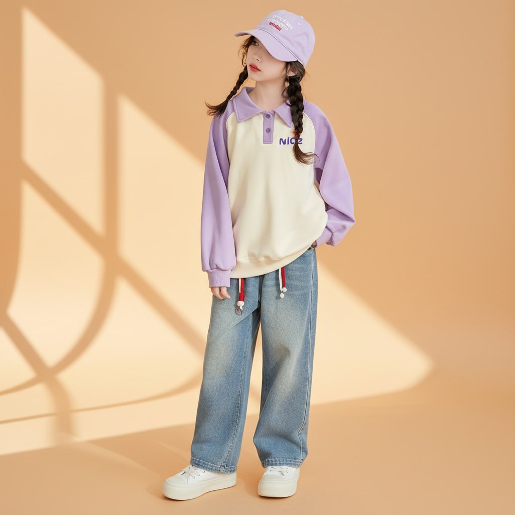 Áo cổ polo phối tay chữ Nice cho bé gái size đại BEESHOP D25082