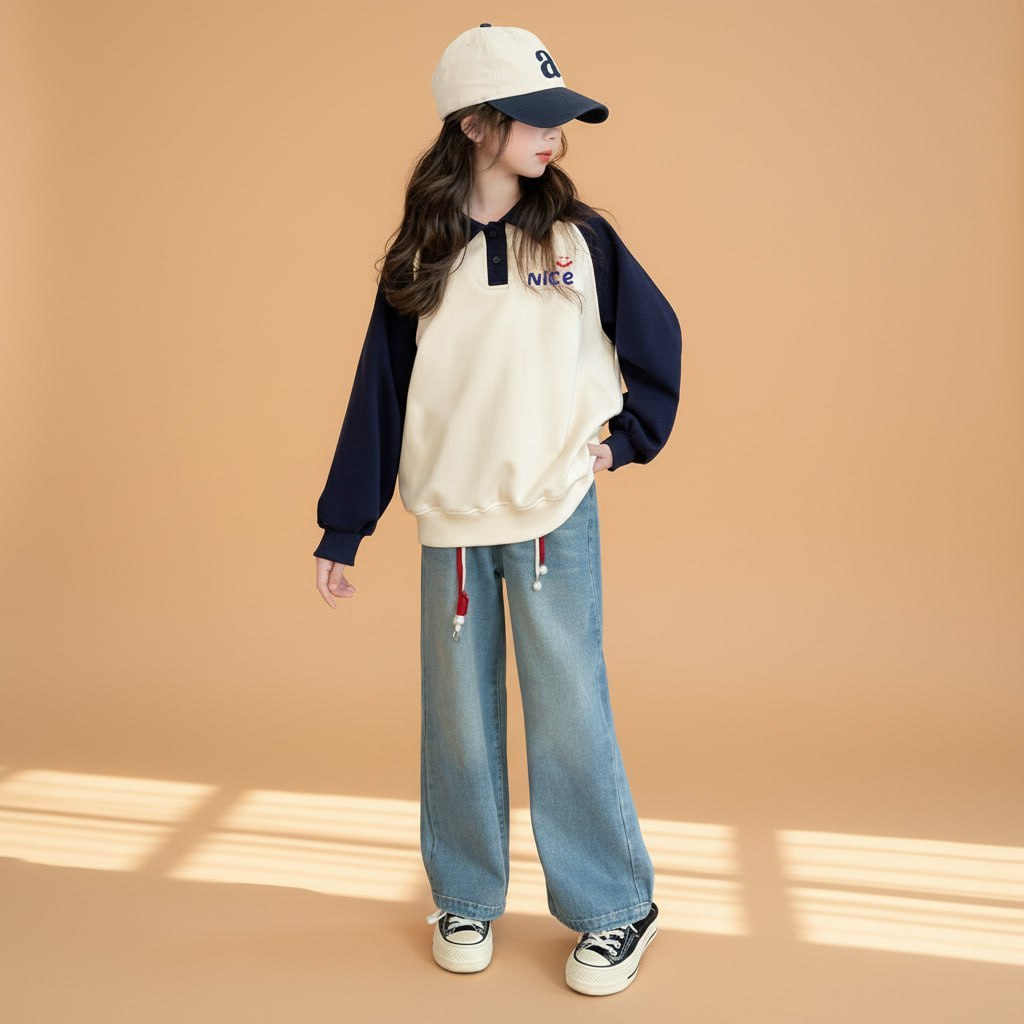 Áo cổ polo phối tay chữ Nice cho bé gái size đại BEESHOP D25082