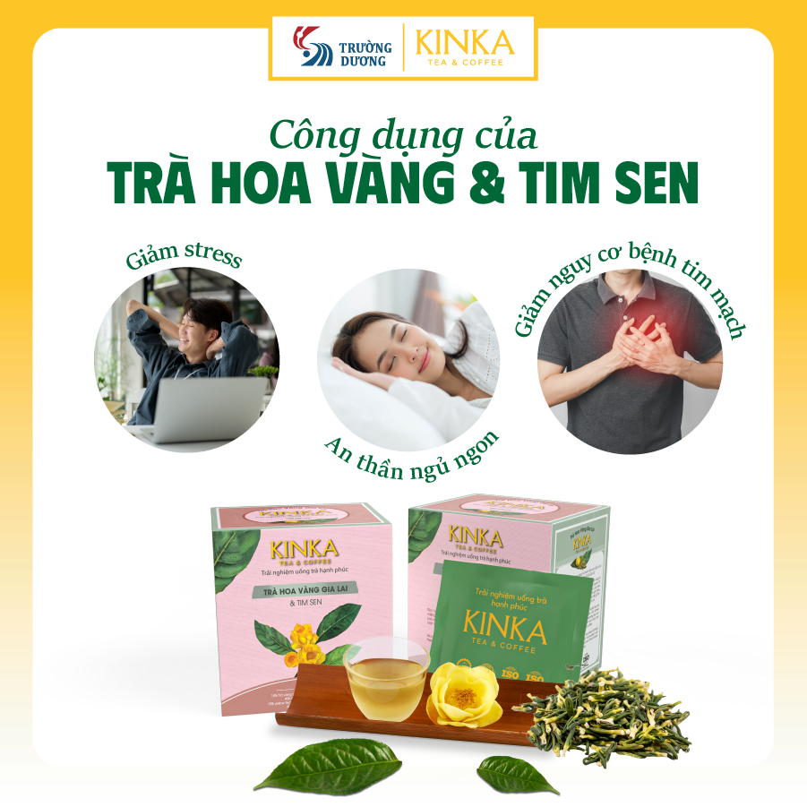 KINKA Trà Hoa Vàng Gia Lai & Tim Sen - Giúp an thần, ngủ ngon, thanh nhiệt | Hộp 20 gói x 2g