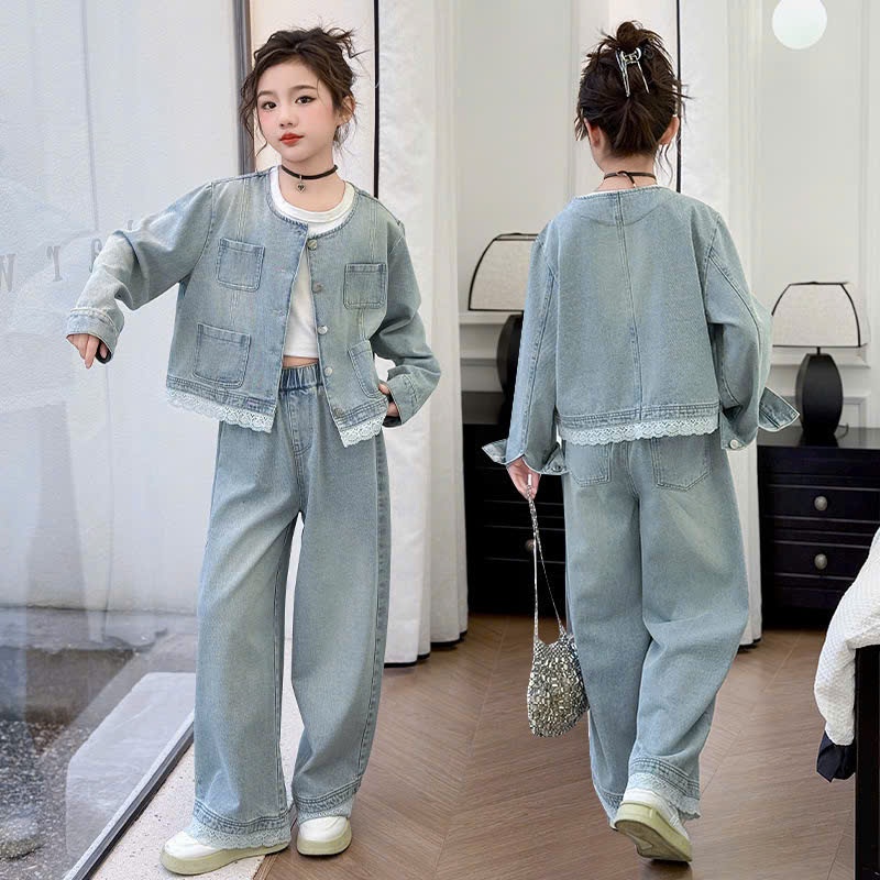 Set khoác jean phối ren cho bé gái size đại BEESHOP D25087