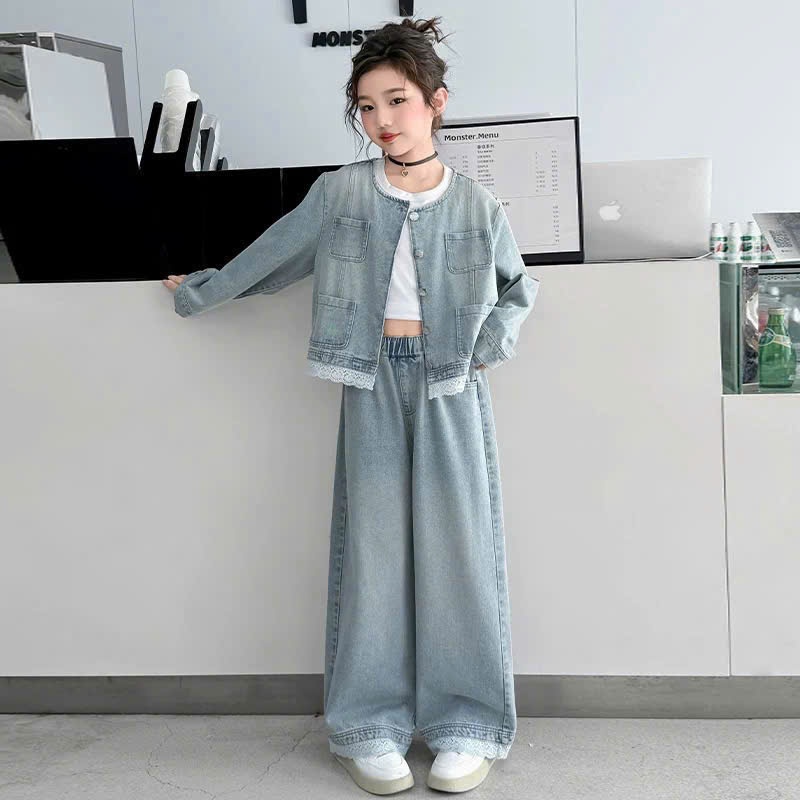 Set khoác jean phối ren cho bé gái size đại BEESHOP D25087