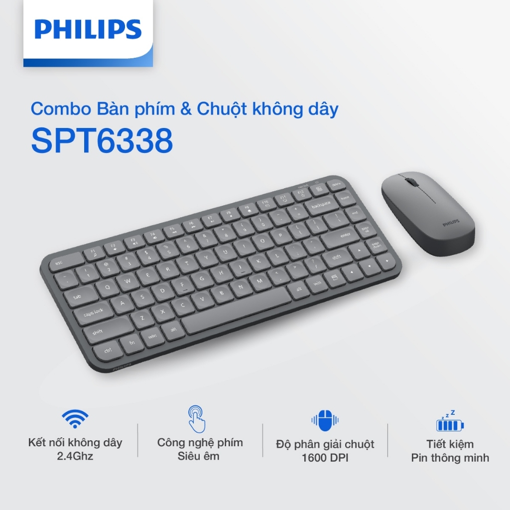 Combo bàn phím và chuột không dây Philips SPT6338 Chính Hãng – Thiết kế gọn nhẹ, pin lâu