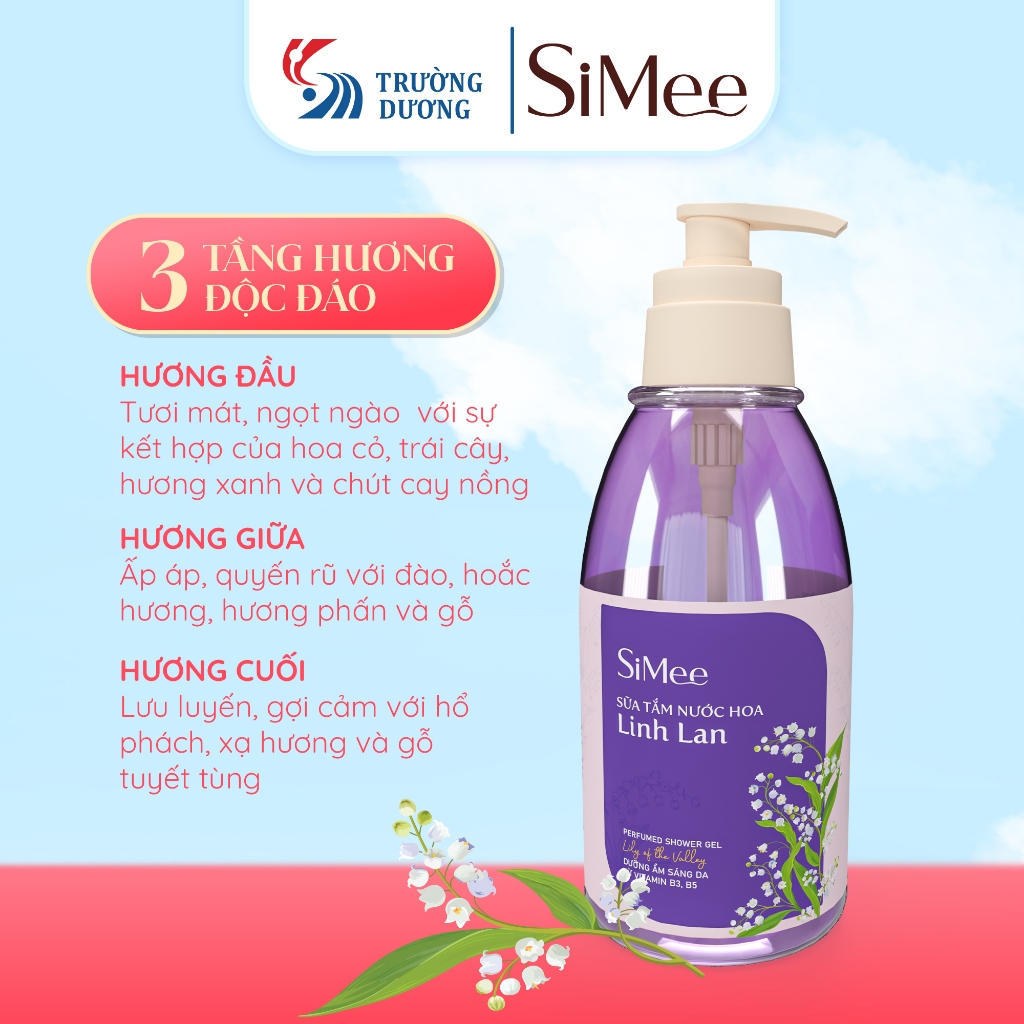 Sữa tắm SiMee hương nước hoa linh lan - Dung tích 480ml - Chai sữa tắm giúp dưỡng ẩm làm trắng da