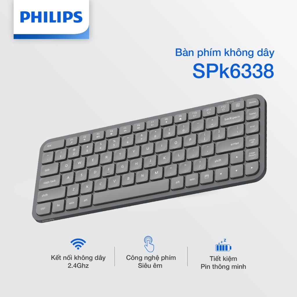 Bàn phím không dây Philips SPK6338 Chính Hãng – Thiết kế mỏng nhẹ, phím êm, kết nối 2.4GHz